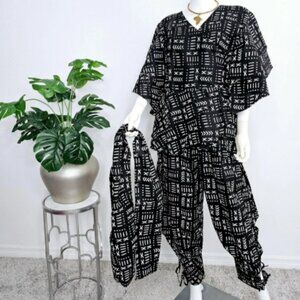 African Print Harem Pants Set / Wrap Blouse Ruffle Sleeves / Headwrap 3 Piece Se